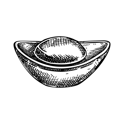 Yuan Bao Chinese gold coin. Imperial golden ingot sketch. Hand drawn vector illustration. NOT AI generated